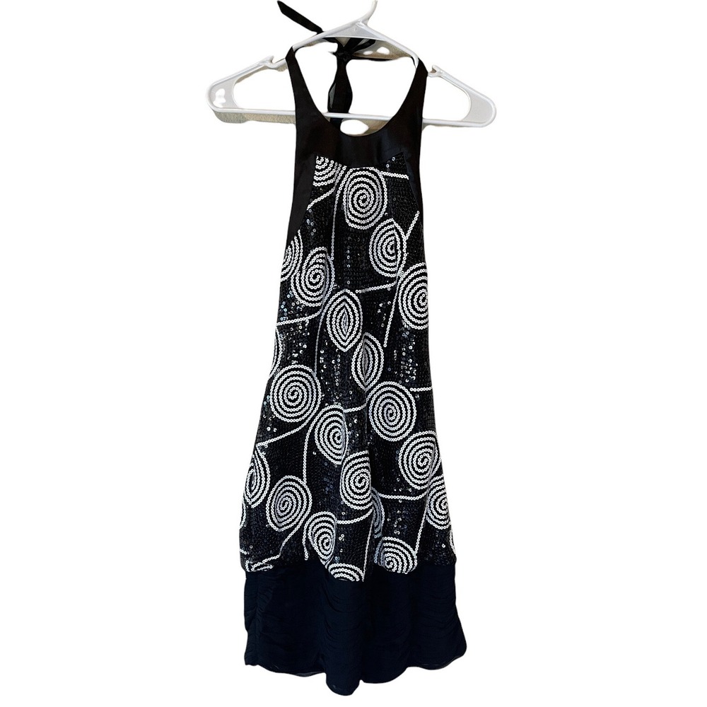 CACHE Dress Women's Size 6 Sequin Halter Black White Spiral Geometric Sleeveless